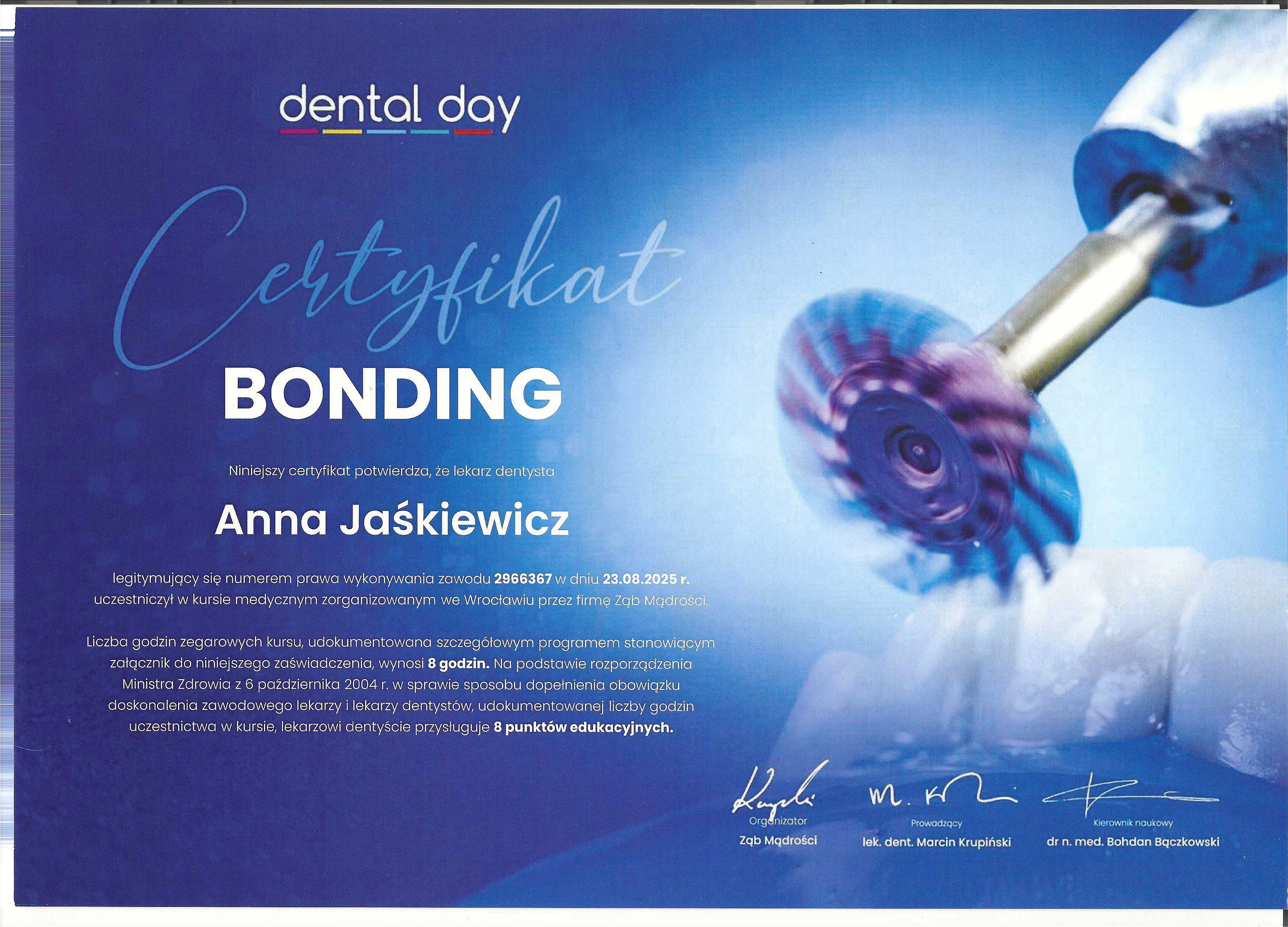 Certyfikat Stomatologia - Anna Jaśkiewicz